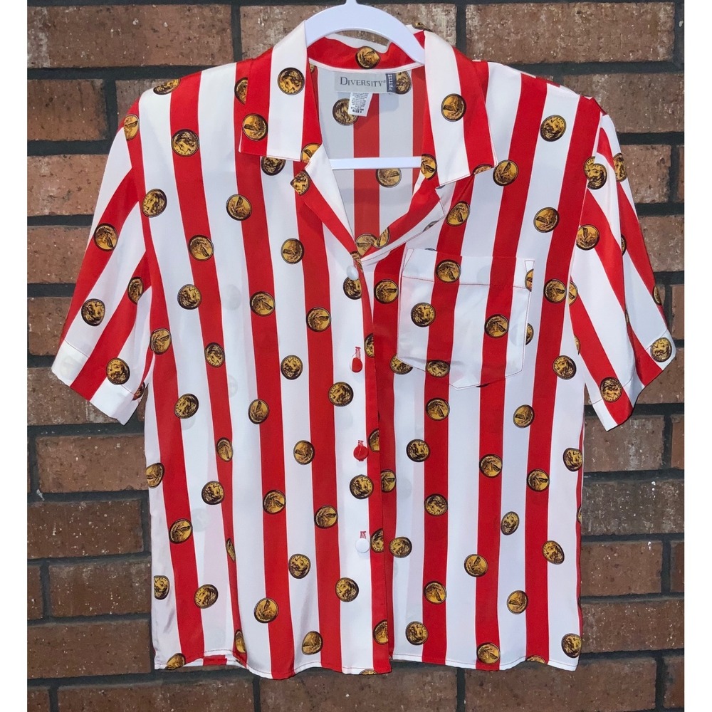 Vintage Diversity Womens Petite Red White Striped Gold Coin Button Up Blouse 4